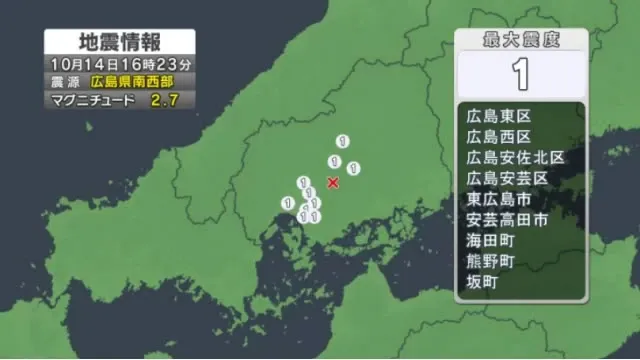 【地震情報】広島県南西部で震度1の地震　マグニチュード2.7