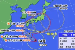 台風14号、東進へ転換！梅雨前線と一体化し日本海へ