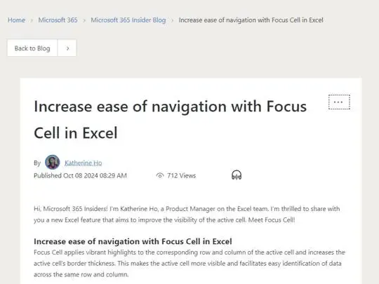 Microsoft Excelに新機能「Focus Cell」追加：選択セルの行と列を一目で把握